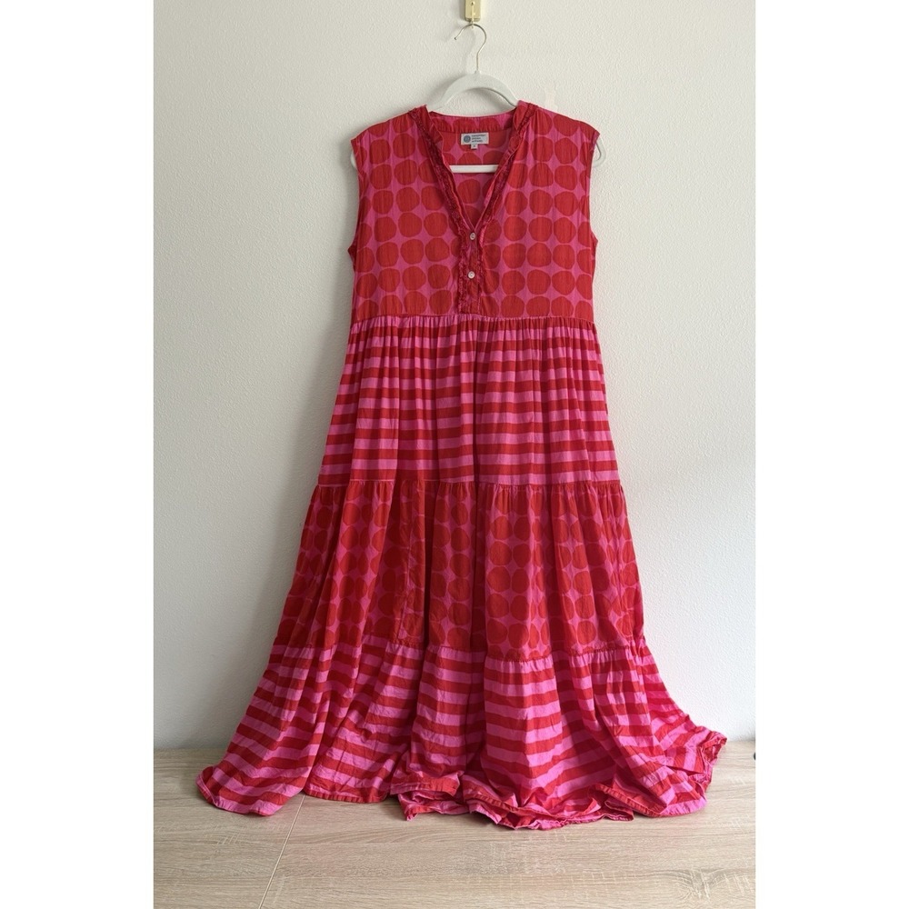 HANDPRINT DREAM APPAREL PINK DOT MIDI TIERED DRESS SZ S